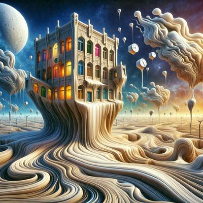 The primary subject of the image is a large, colorful building with many windows. The building is situated in a sandy environment, giving it a unique and interesting appearance. The visual style of the image is digital art, as it is a detailed and intricate illustration. The colors and mood of the image are vibrant and lively, with the building's many windows and the sandy background creating a sense of depth and dimension.